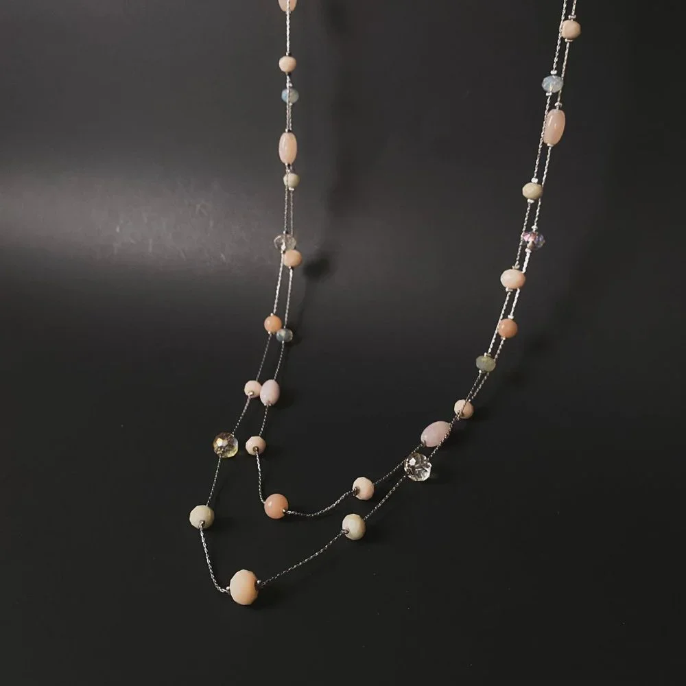38" LOFT Pastel Pink Champagne Beaded Silver Chain Boho Double Strand Necklace - Picture 2 of 11